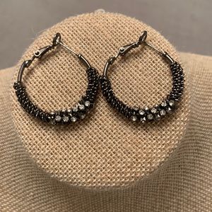 English Lock Hoop Earrings Gunmetal with Rhinestones